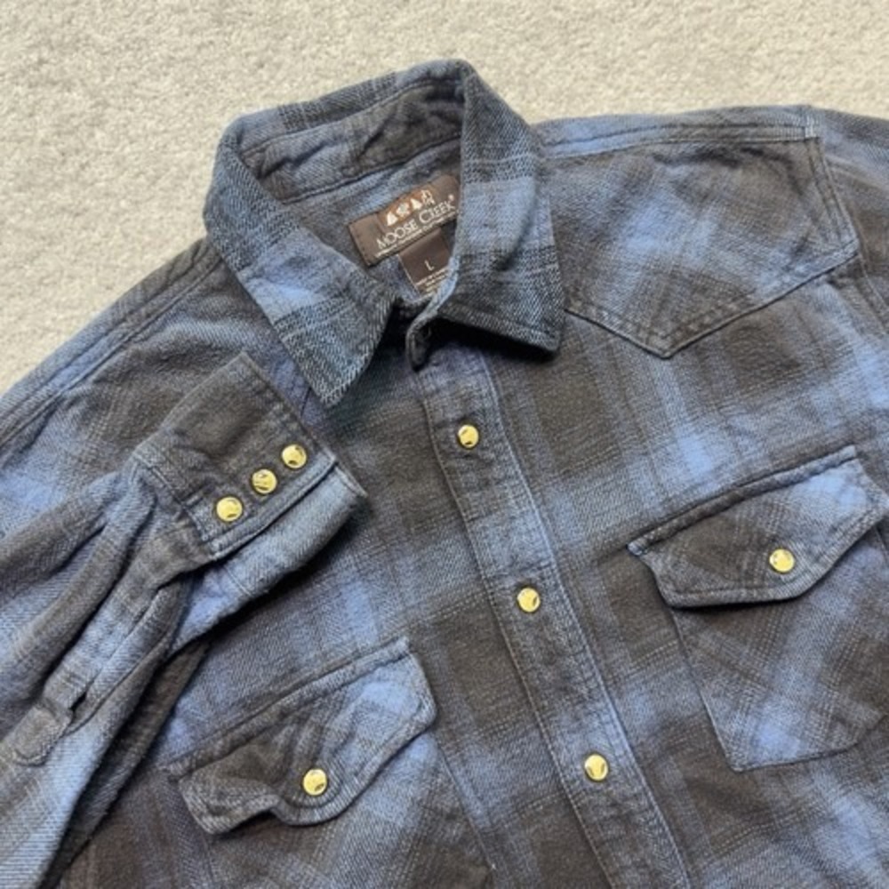 Moose Creek Mens L Blue Black Plaid Flannel Pearl Snap Shirt Heavyweight Cotton
